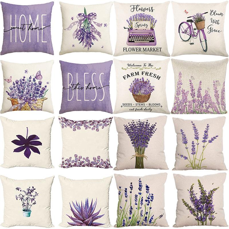 Plant and Flower Linen Pillowcase Purple Lavender Printed Pillow Cushion Cover Home Sofa