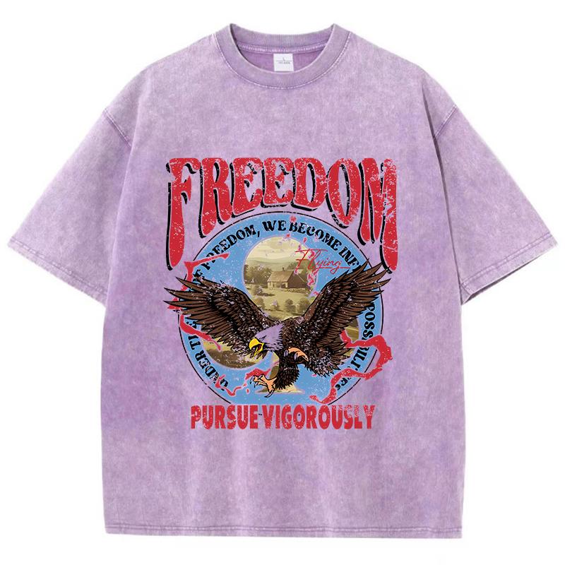Street Women Washed T-Shirts Freedom Pursue Vigorously Printed Tee Shirts Comfortable Cotton Oversize Tees Summer Clothes