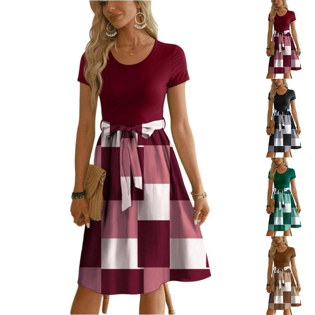 Women's Fashion Colorblock Printed Lace-up Short Sleeve Round Neck Splicing Short Dress