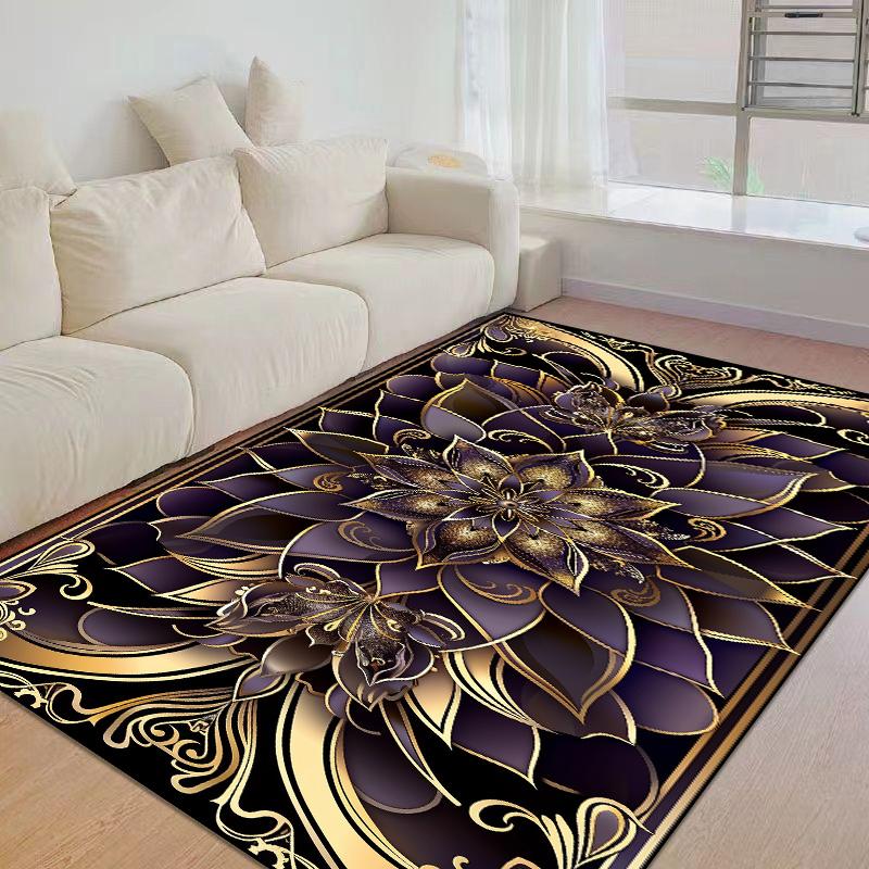 European Home Luxury Golden Flowers Living Room Decor Sofa Carpet Washable Rugs for Bedroom Black Gold Lounge Coffee Tables Mat