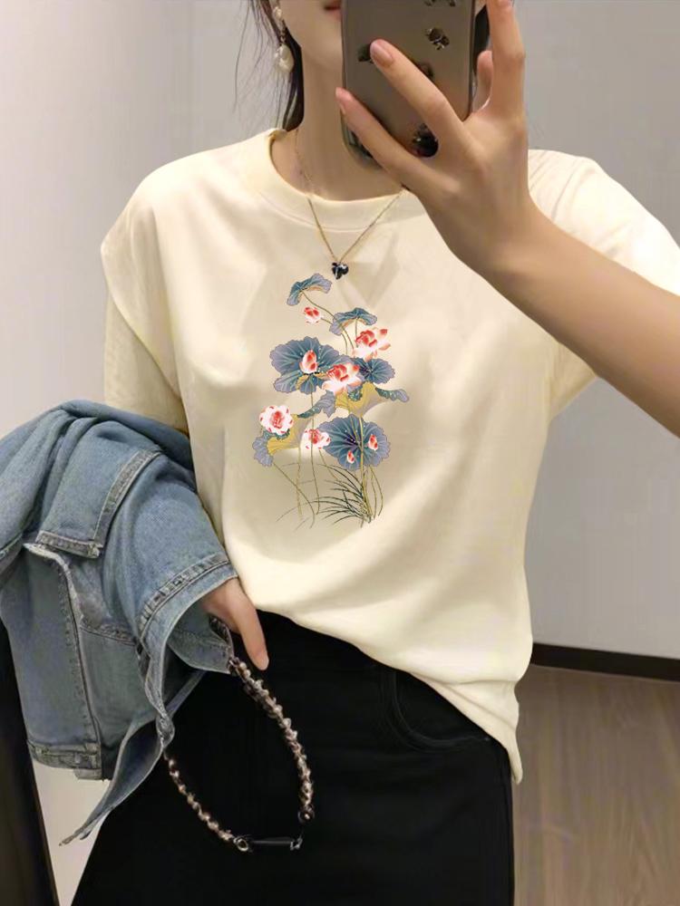 

Абрикосовая футболка женская с коротким рукавом свободная хлопковая плечо 25 новый летний американский лотос облегающая футболка с круглым вырезом топ S