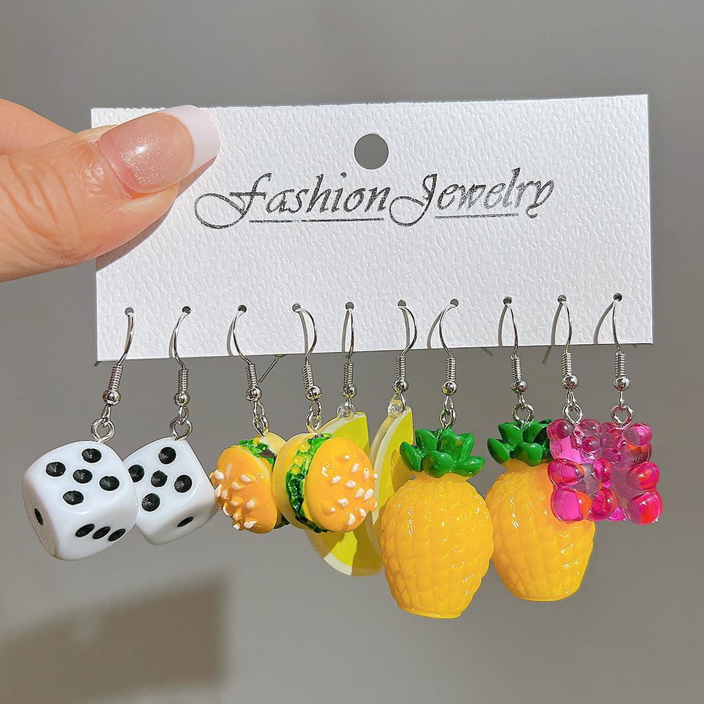 New Cute Cartoon Animal Fruit Earrings Set for Women Girl Simulated Resin Acrylic Food Drink Icecream DIY Dangle Earring Jewelry
