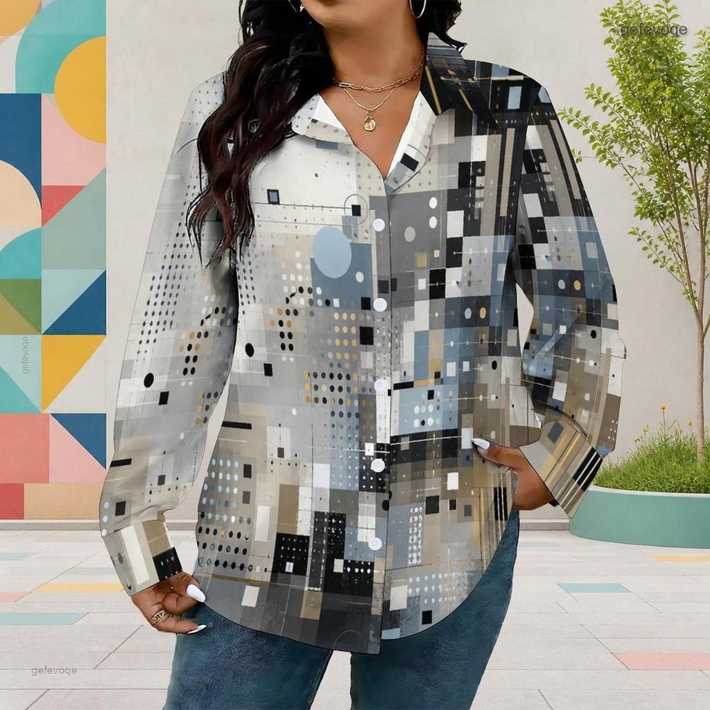 Women Plus Size Collared Long Sleeve Abstract Geometric Printed Button Front Curved Hem Shirt