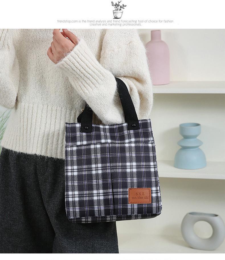 Korean Canvas Plaid Bento Handbag - Women's Retro Tote