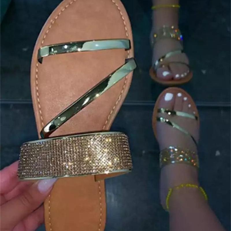 Fashion Fashion Versatile Woman Shoes 2025 Summer New Round Toe Flat Shoes Simple Women Rhinestone Slippers Anti Slip Women's Sandals