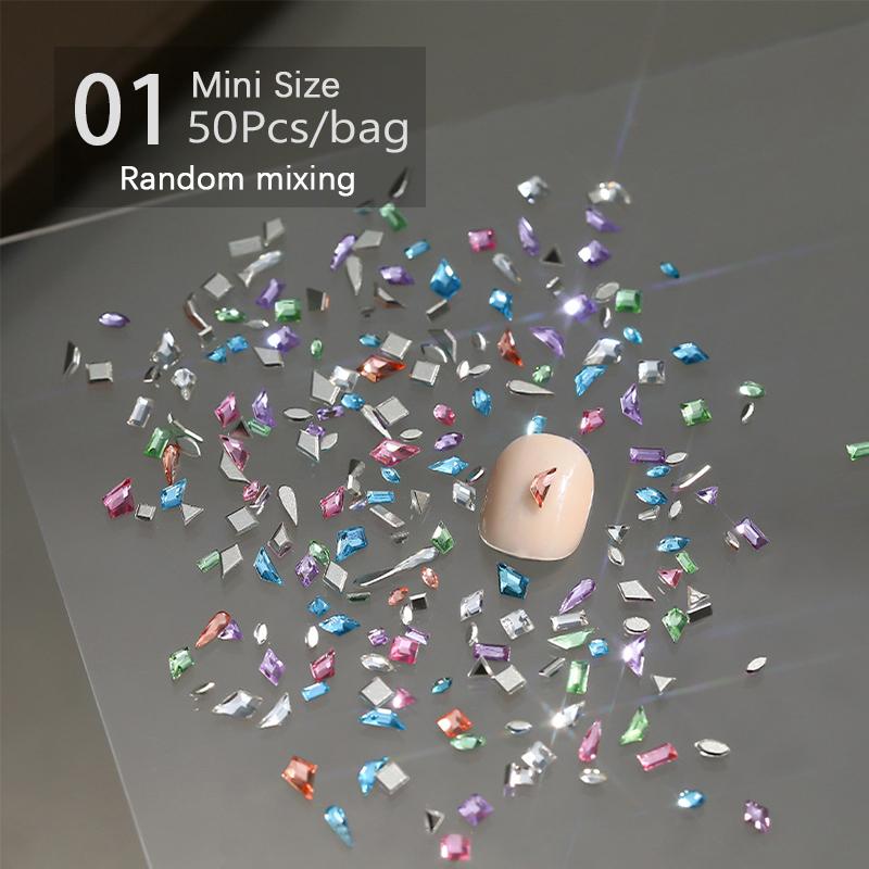 50 ks mini kosočtvercové kamínky na nehty s plochým dnem, AB barva, zdobení nehtů, křišťálové drahokamy, oslnivá manikúra, 3D dekorace na nehty