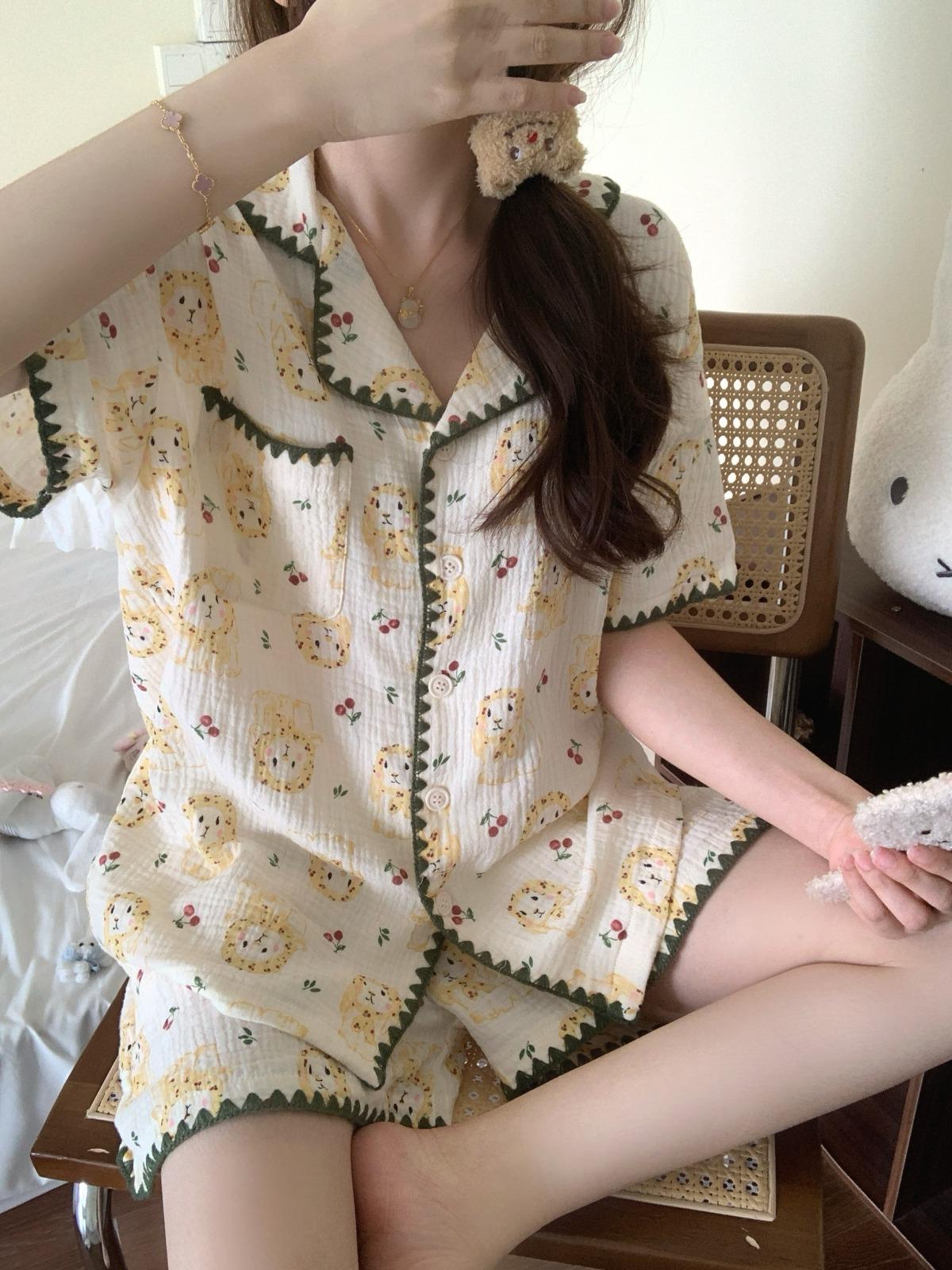 

Sweet lace bunny girl pajamas summer short sleeves shorts ins style suit students can wear loungewear S