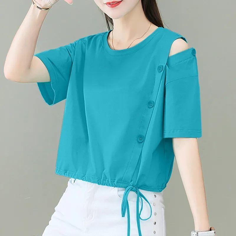 Short Loose Fitting T-shirt Women's Solid Color Summer High Waisted Short Sleeved Off Shoulder Top