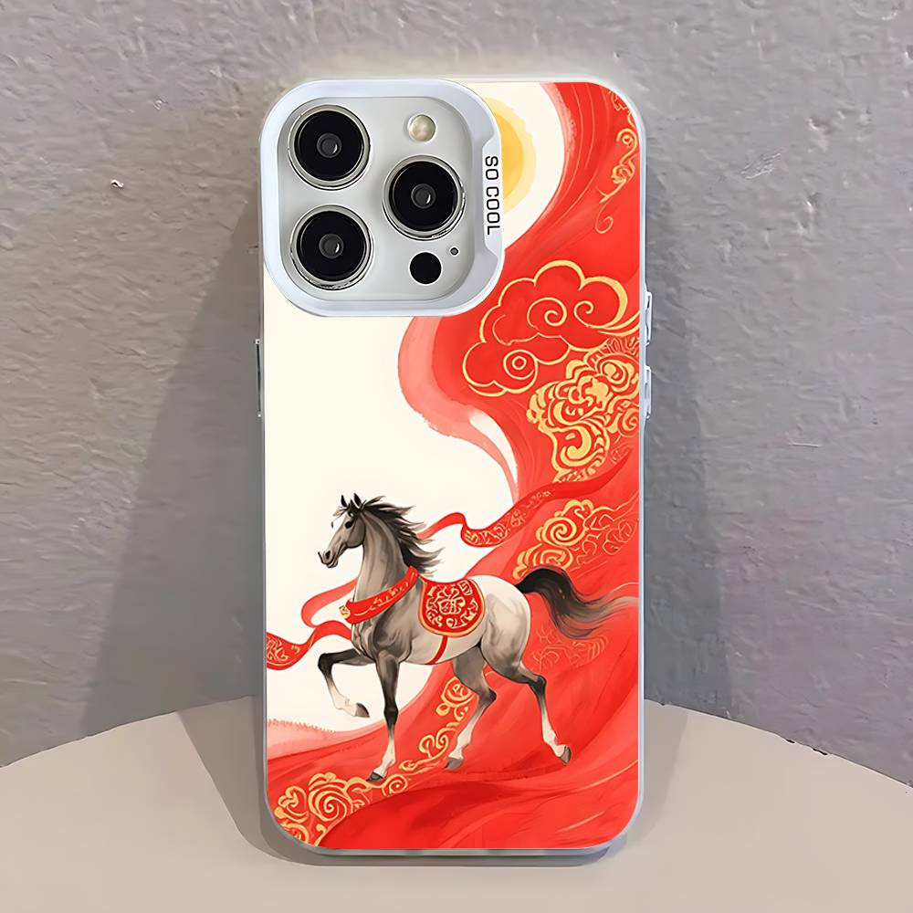 Fashion Chinese-Style Red Horse White Phone Case IMD Color Silver Shell For IPhone 17 16 15 14 13 12 11 Pro Max Plus