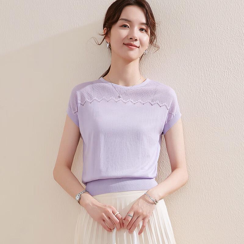 Tu Huang Women's Mulberry Silk Blend Hollow-Out Knit T-Shirt