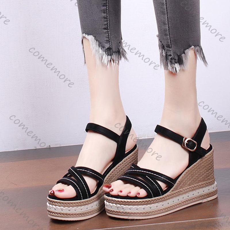 Fashion Comemore Wedges Sandals for Women 2025 Summer Platform 9cm High Heels Roman Style Black Peep Toe Casual Heeled Sandales Femmes