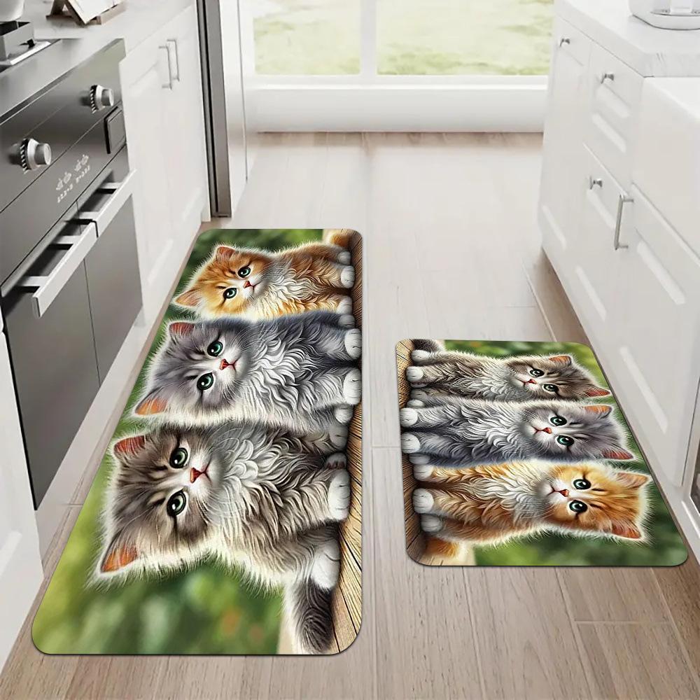Non-Slip Waterproof Kitchen Mat with Kitten Print - Thick Cushioned Anti-Fatigue Comfort, Heavy Duty, 60cm X 180cm