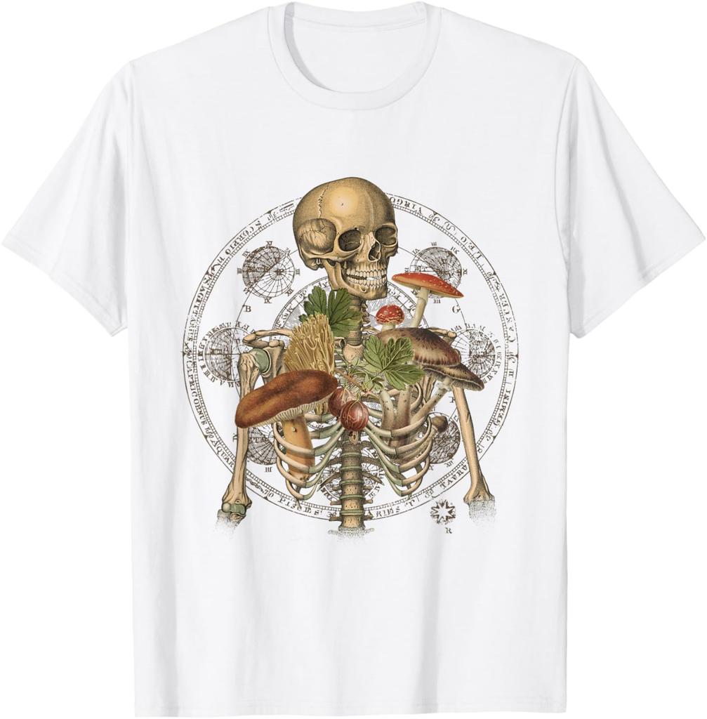 Skeleton With Mushrooms Goblincore Mycologist Fungi Graphic Tee Cotton Casual Trip T-Shirt