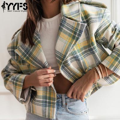 Women's Fashion Casual Fall Winter Plaid Print Long Sleeve POLO Neck Jackets & Coats