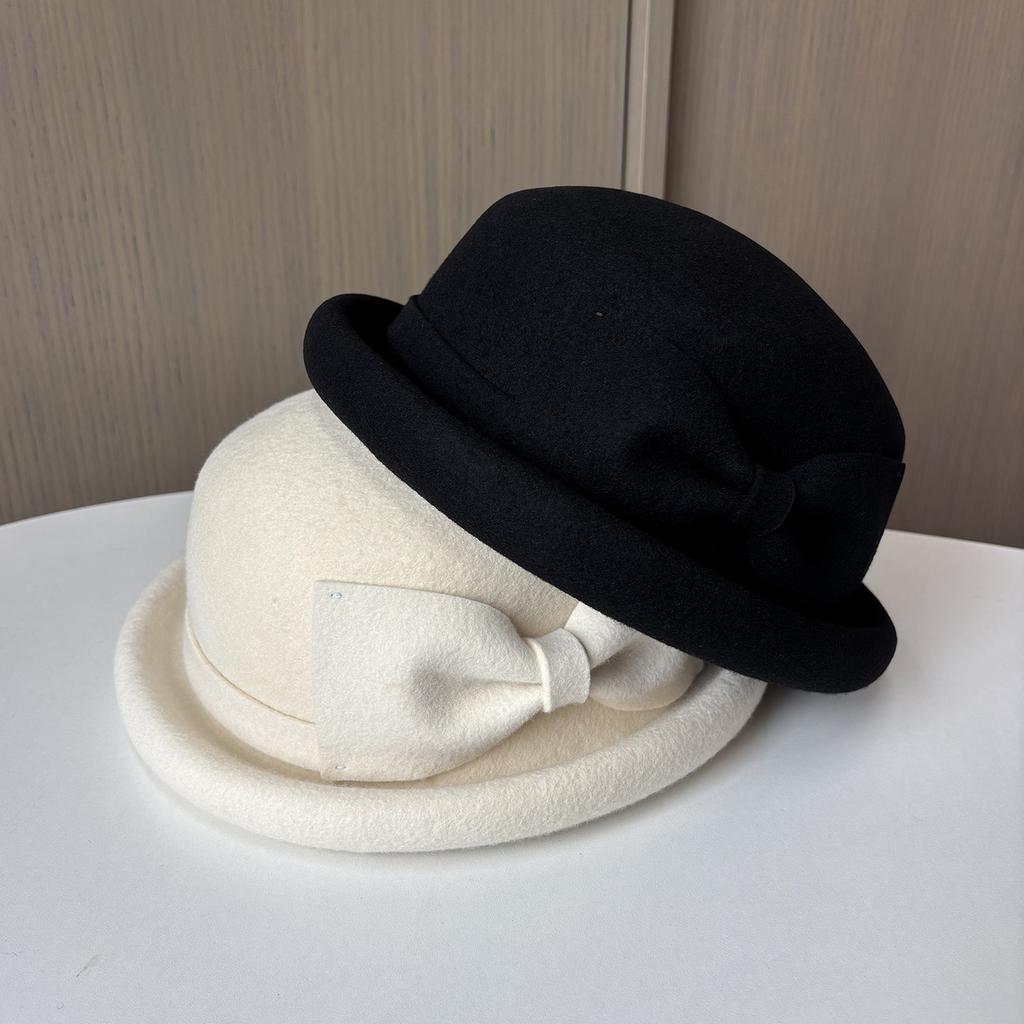 New Autumn And Winter Xiaoxiangfeng Top Hat, Elegant Bow, Curled Edge To Show The Face, Small Felt Hat, Women'S Versatile Thermal Basin Hat
