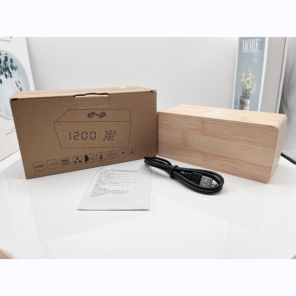 Smart Wooden Alarm Clock with Humidity Wireless Charging Student-specific Digital LED Creative Wooden Clock