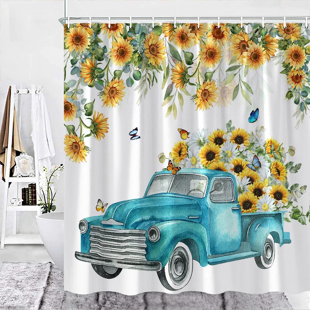 

Sunflower Shower Curtain Summer Farmhouse Flower Bird Car Rustic Bathroom Curtain Polyester Hanging Curtains Bathroom Decor Se 90x180cm