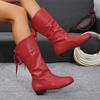Fashion Fashion White Women's Mid Calf Boots Pleated Design PU Leather Cowboy Boots Woman Lace Up Comfort Low Heels Casual Botas Mujer