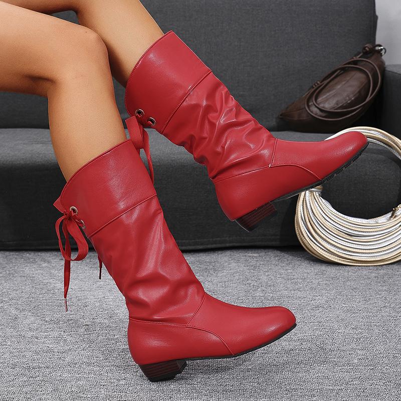 Fashion Fashion White Women's Mid Calf Boots Pleated Design PU Leather Cowboy Boots Woman Lace Up Comfort Low Heels Casual Botas Mujer