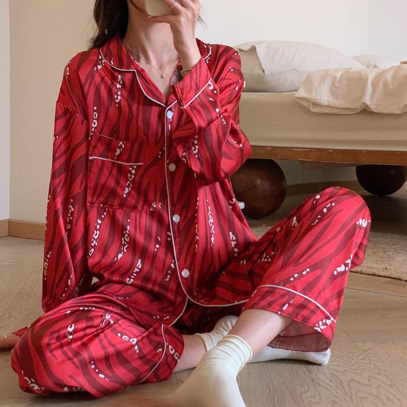 Premium Pajamas Women S Long-Sleeved Ice Silk Thin Red Zebra Pattern Lapel Loungewear Set M