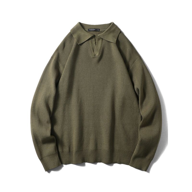 American Retro French Style V-neck Sweater Men s Autumn and Winter Lapel Idle Style Export Cattle Goods Trendy Knitwear Outwear Green L