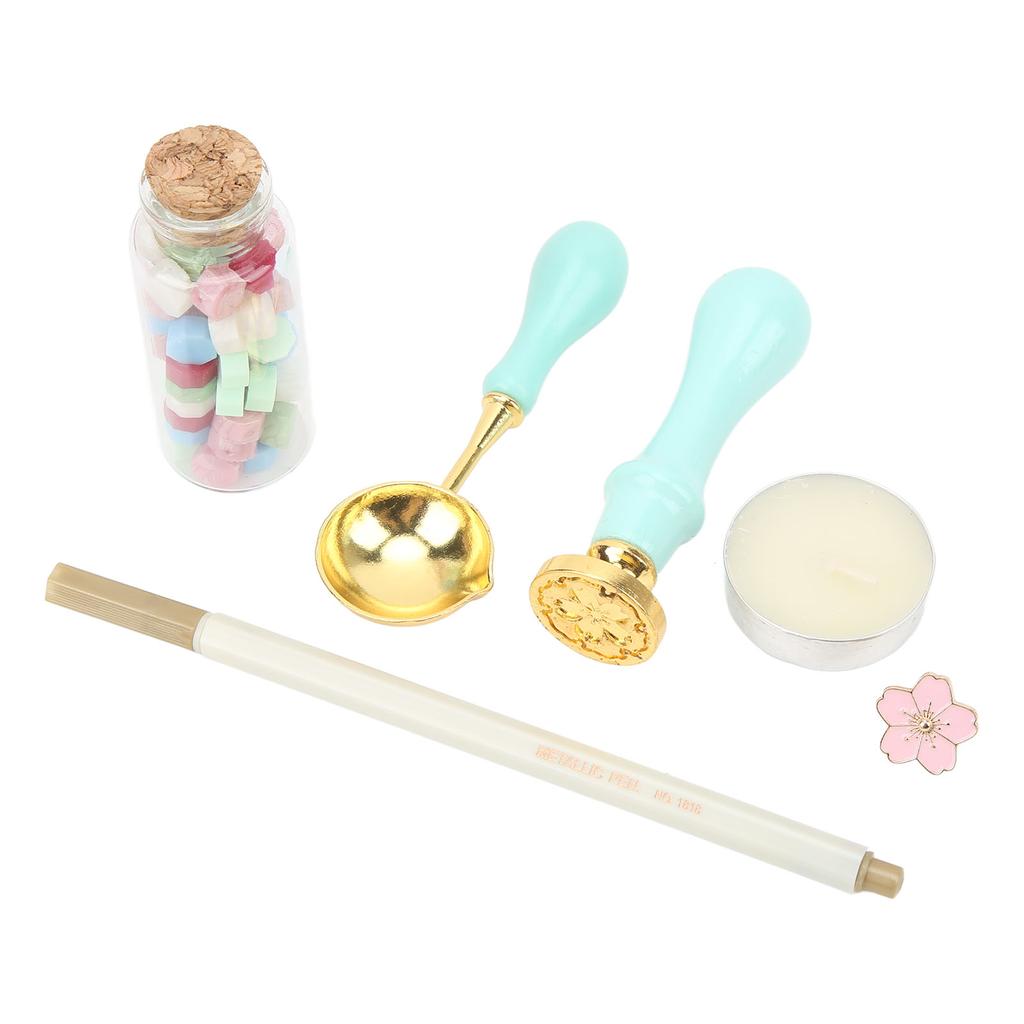 Wax Sealing Kit Vintage Color Matching Blue Handle Gift Box Packaging Cherry Flower Brooch Detac