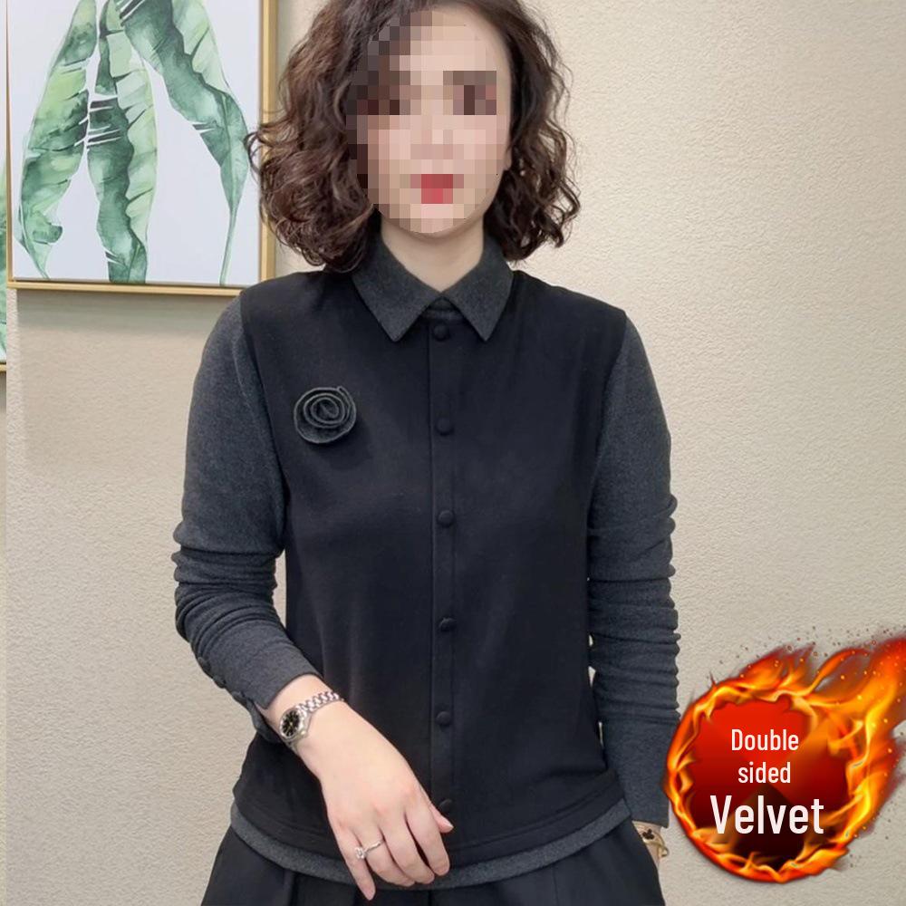 Women s Stylish Two-Tone German Velvet Layered Shirt - Winter Slimming Patchwork Top XL 60-65 kg