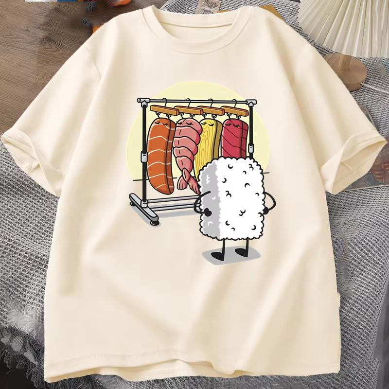 Sushi Garderob T-shirt Dam Herr Rolig Högkvalitativ T-shirt Bomull Grafiska T-shirts Lös Kortärmad Tryckt T-shirt Herr Toppar