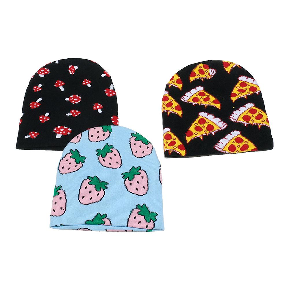 Pullover Hat Men's and Women's Casual Versatile Wool Hat Strawberry Mushroom Pizza Jacquard Knitted Hat Ear Protection Pullover Hat