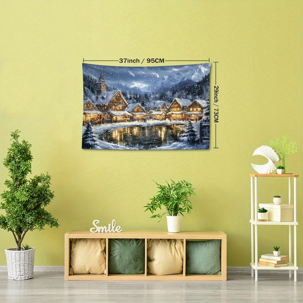 1pc Nordic Snowy Christmas Town Tapestry - Cozy Winter Scene with Snow-Covered Houses, Warm Lights & Starry Night Sky, Bohemian Home Decor for Living