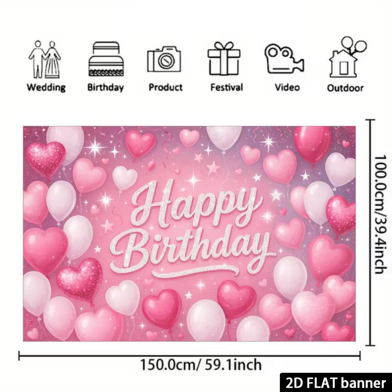 2D Pink Heart & Star Happy Birthday Backdrop Banner Party Photography Background