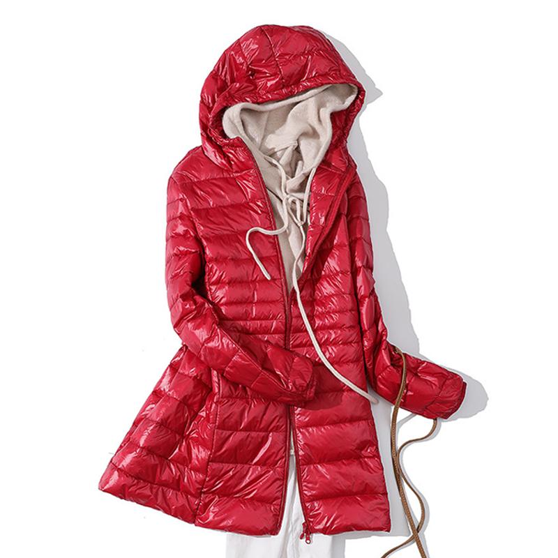 Women Warm Winter Hooded Down Jacket Ultra Light White Duck Down Coat Slim Casual Long Coat Autumn Women