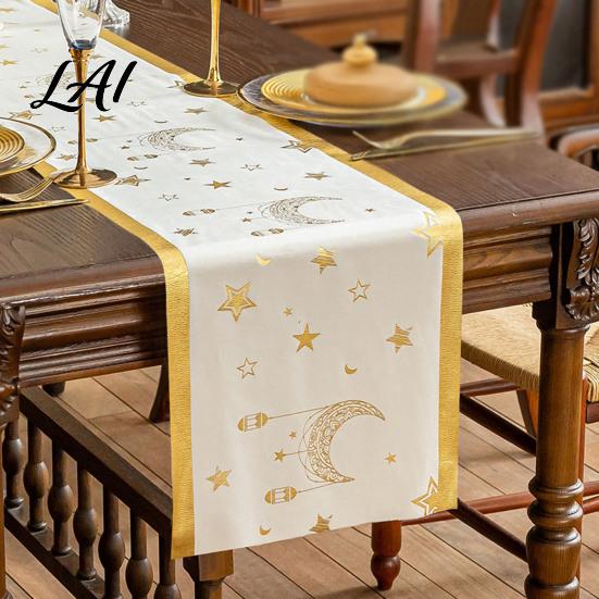 Modern Table Dressing Eid Mubarak Runner Ramadan Gold Moon Stars Tablecloth Islamic Happy Party Decorations Holiday Rectangular Cloth for
