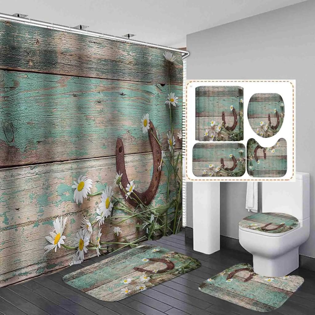 Butterfly Daisy Sunflower Shower Curtain Sets Retro Floral Vintage Country Farmhouse Flower Rustic Wooden Bathroom Decor Sets
