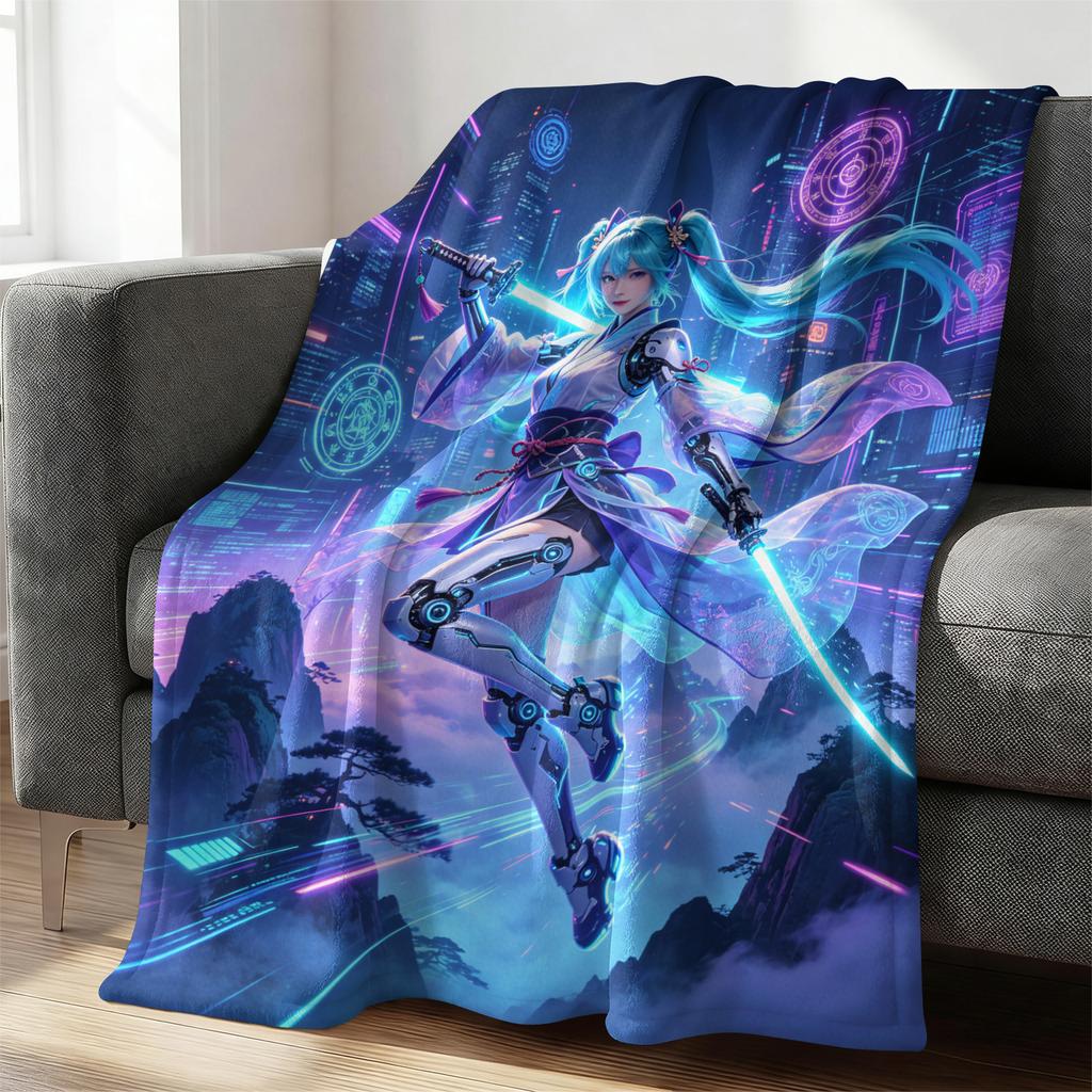 Hatsune Miku Cute Crayon Style Flannel Throw Blanket Gift for Anime Fan Summer Nap Throw Sofa Blanket Bed Cover Travel Blanket