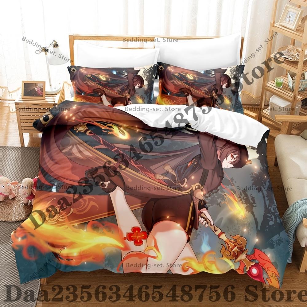 Personality Anime Hu Tao Bedding Set AniThree Piece Bedding Set - Luxury Comforter Set with Queen King Size Including pillowcase