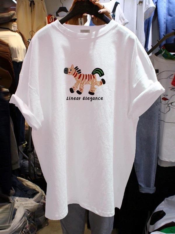 Women s Summer Loose-Fit Cotton T-Shirt with Korean-Inspired Print XL белый
