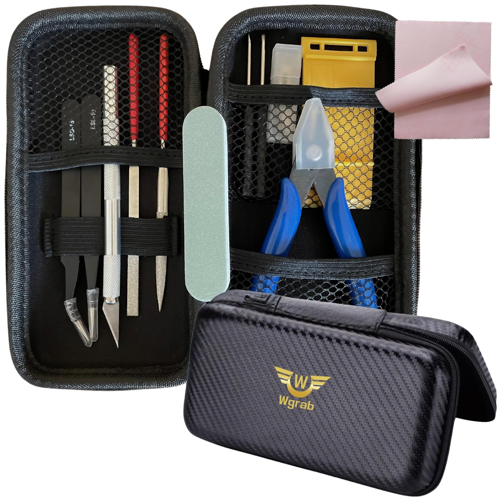 

Wgrab Набор инструментов для пластиковых моделей с оригинальным хранилищем, инструменты для рукоделия, включает набор алмазных и прецизионных отверток, кейс для начинающих, для начинающих, чёрный