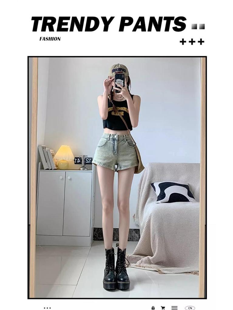 American Spicy Girl Women's High-Waist Denim Shorts, Summer 2024 - Slimming A-line Hot Pants, Washed Finish