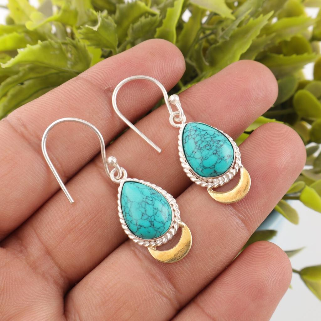 Blue Turquoise Gemstone 925 Stamped Silver Handmade Jewelry Dainty Earrings 1.5" EE-162-32