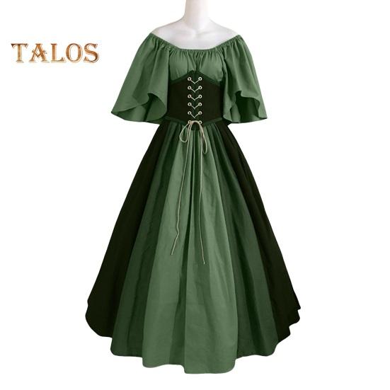 Vinatge Damenkleid mit fliegenden Ärmeln, Kontrastfarbe, A-Linie, großer Saum, schmale Taille, plissierter Schnürriemen, mittelalterliche Halloween-Party, Cosplay-Kostümparty