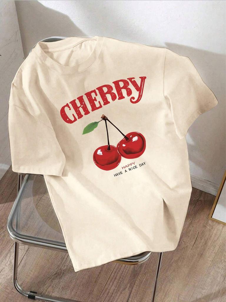 Cherry Cartoon Printed Graphic Women Cotton T-shirt Y2k Summer Fashion Brand Round Neck Short Sleeve Tops Vintage Casual Tee 3XL