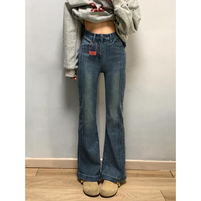 Jeans Retro Azules de Micro-Campana – Pantalones Elásticos Adelgazantes de Talla Grande para Mujer con Forma de Pera, Estilo Primavera/Otoño.