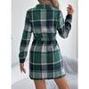 HNXC Autumn and Winter Casual Checkered Fake Pocket Long-sleeved Lace-up Woolen Shirt Dress for Women Dress