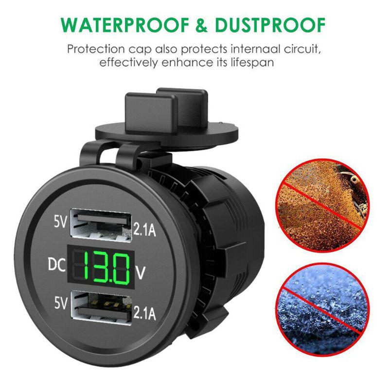 5V 2.1A Waterproof Dual Ports USB Charger Socket Adapter Power Outlet with Voltage Display Voltmeter for 12-24V Car Boat