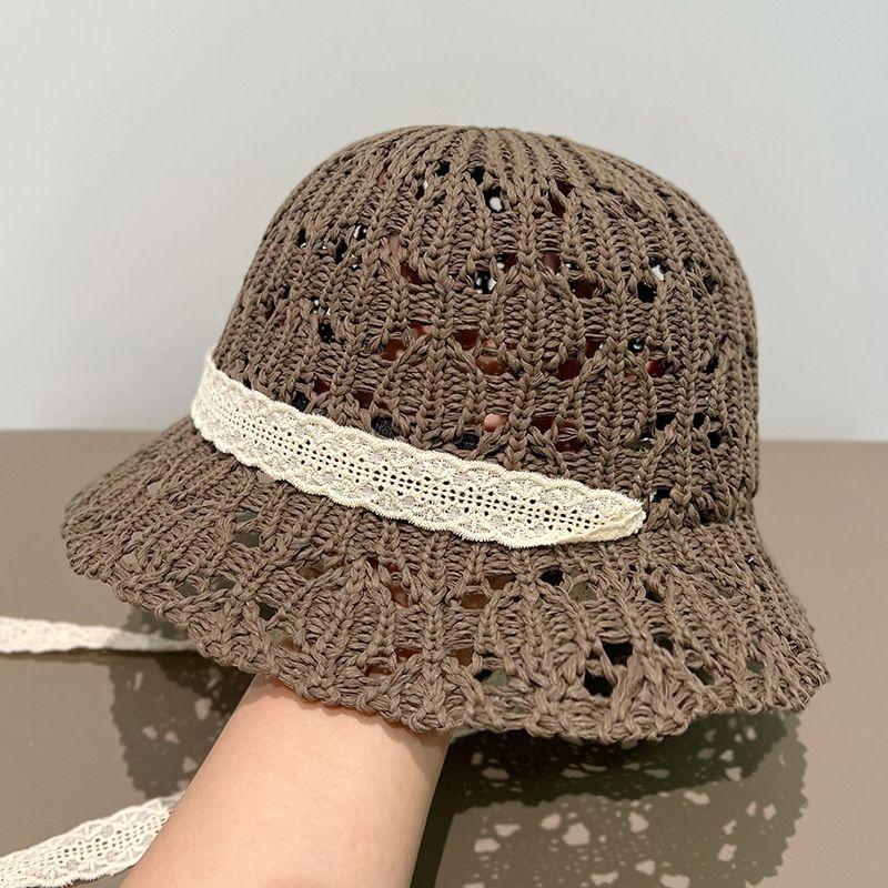 

Новая кружевная шляпа-ведро с ремешком, женская полая дышащая шляпа-ведро для летнего пляжного отдыха на море, шляпа от солнца ONE SIZE кофейный