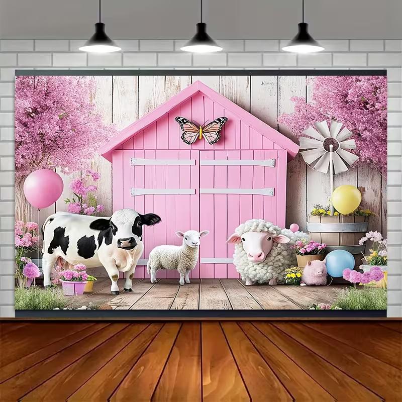 2D Flat Printing Pink Farm Animal Backdrop 210×150cm for Birthday