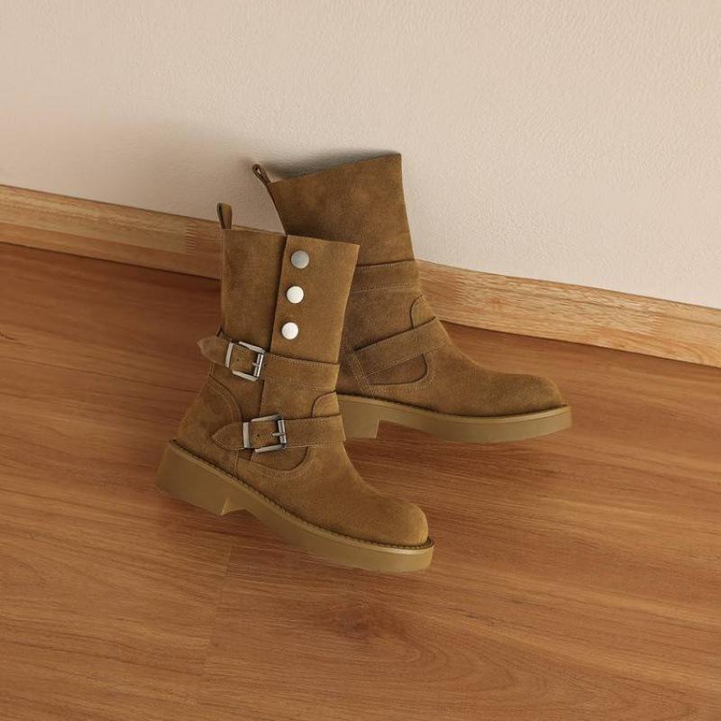 Autumn and winter rubber thick-soled large-size women's boots side zipper leather knight boots round head versatile new cow flip medium boots