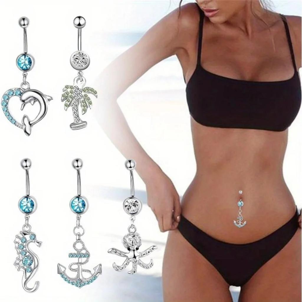 Bobisty 1Pc Stainless Steel Surgical Dangle Belly Button Rings for Women Curved Navel Barbell Body Piercing Fashion Jewelry