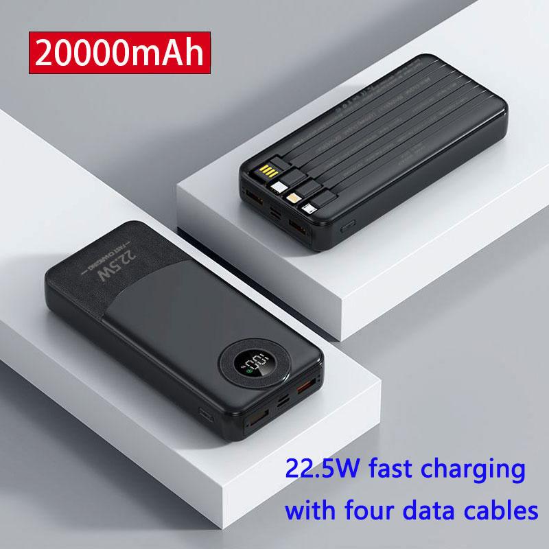 

VAORLO 22.5W сверхбыстрая зарядка Power Bank PD QC 3.0 20000mAh с 4 кабелями передачи данных Зарядное устройство Powerbank для Samsung iPhone D894 Black 20000mAh